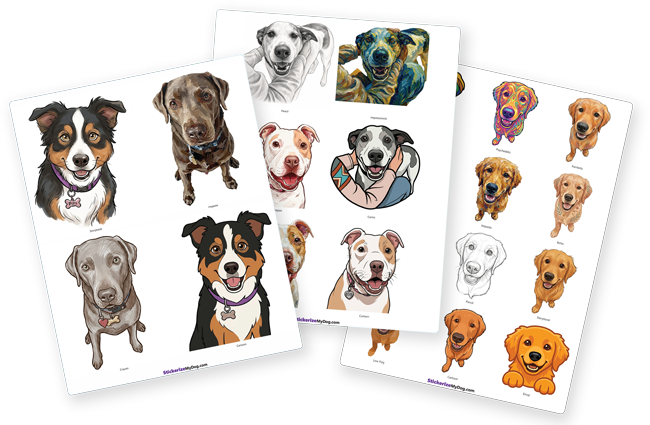 Three sample sheets of custom dog stickers