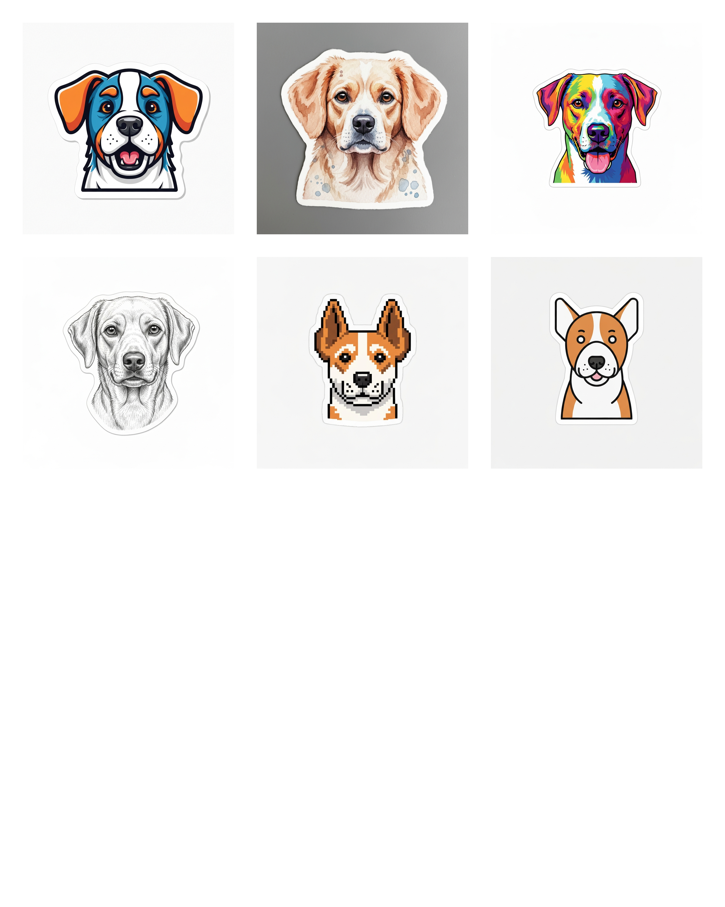 Beagle dog transformed into 6 artistic sticker styles
